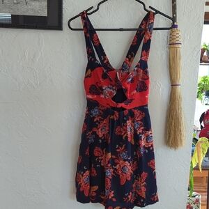 Free People Navy Floral Mini Dress with Red Accents